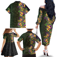 Hawaii Mardi Gras Family Matching Off The Shoulder Long Sleeve Dress and Hawaiian Shirt Tropical Flowers Glitter Style LT05 - Polynesian Pride