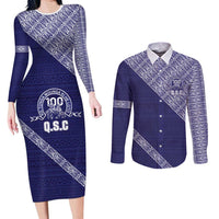 Tonga Queen Salote College Couples Matching Long Sleeve Bodycon Dress and Long Sleeve Button Shirt 100 Years Anniversary Navy Color LT05 Navy - Polynesian Pride