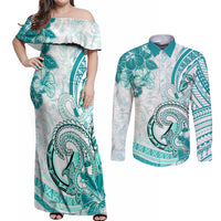 Polynesia Paisley Couples Matching Off Shoulder Maxi Dress and Long Sleeve Button Shirt Mix Teal Polynesian Pattern LT05 Teal - Polynesian Pride