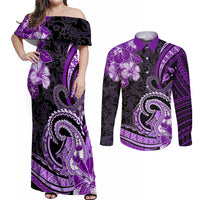 Polynesia Paisley Couples Matching Off Shoulder Maxi Dress and Long Sleeve Button Shirt Mix Purple Polynesian Pattern LT05 Purple - Polynesian Pride