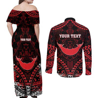 Personalised Easter Island Couples Matching Off Shoulder Maxi Dress and Long Sleeve Button Shirt Polynesian Pattern Emblem