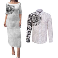 New Zealand Aotearoa Couples Matching Puletasi and Long Sleeve Button Shirt Maori Te Mata O Rongokako LT05 White - Polynesian Pride
