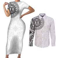 New Zealand Aotearoa Couples Matching Short Sleeve Bodycon Dress and Long Sleeve Button Shirt Maori Te Mata O Rongokako LT05 White - Polynesian Pride