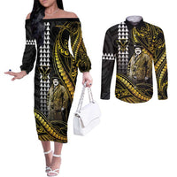Hawaii Kuhio The Citizen Prince Couples Matching Off The Shoulder Long Sleeve Dress and Long Sleeve Button Shirt Gold Polynesian Tribal Tattoo LT05 Gold - Polynesian Pride