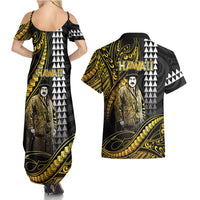 Hawaii Kuhio The Citizen Prince Couples Matching Summer Maxi Dress and Hawaiian Shirt Gold Polynesian Tribal Tattoo LT05 - Polynesian Pride