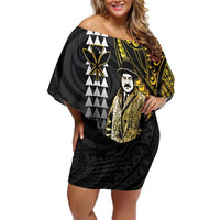 Hawaii Kuhio The Citizen Prince Family Matching Off Shoulder Short Dress and Hawaiian Shirt Gold Polynesian Tribal Tattoo LT05 Mom's Dress Gold - Polynesian Pride