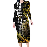 Hawaii Kuhio The Citizen Prince Long Sleeve Bodycon Dress Gold Polynesian Tribal Tattoo