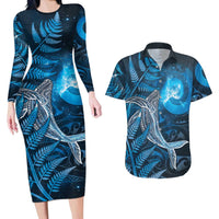 New Zealand Matariki Couples Matching Long Sleeve Bodycon Dress and Hawaiian Shirt Maori Koru With Humpback Whale Blue LT05 Blue - Polynesian Pride