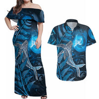 New Zealand Matariki Couples Matching Off Shoulder Maxi Dress and Hawaiian Shirt Maori Koru With Humpback Whale Blue LT05 Blue - Polynesian Pride