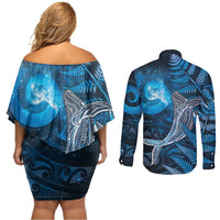 New Zealand Matariki Couples Matching Off Shoulder Short Dress and Long Sleeve Button Shirt Maori Koru With Humpback Whale Blue