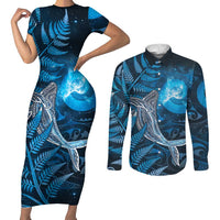 New Zealand Matariki Couples Matching Short Sleeve Bodycon Dress and Long Sleeve Button Shirt Maori Koru With Humpback Whale Blue LT05 Blue - Polynesian Pride