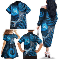 New Zealand Matariki Family Matching Off The Shoulder Long Sleeve Dress and Hawaiian Shirt Maori Koru With Humpback Whale Blue LT05 - Polynesian Pride
