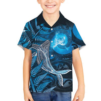New Zealand Matariki Family Matching Off The Shoulder Long Sleeve Dress and Hawaiian Shirt Maori Koru With Humpback Whale Blue LT05 Son's Shirt Blue - Polynesian Pride