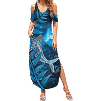 New Zealand Matariki Family Matching Summer Maxi Dress and Hawaiian Shirt Maori Koru With Humpback Whale Blue LT05 Mom's Dress Blue - Polynesian Pride