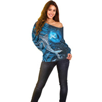 New Zealand Matariki Off Shoulder Sweater Maori Koru With Humpback Whale Blue