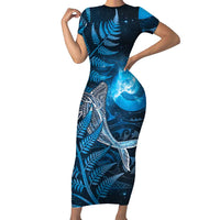 New Zealand Matariki Short Sleeve Bodycon Dress Maori Koru With Humpback Whale Blue