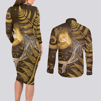 New Zealand Matariki Couples Matching Long Sleeve Bodycon Dress and Long Sleeve Button Shirt Maori Koru With Humpback Whale Gold LT05 - Polynesian Pride