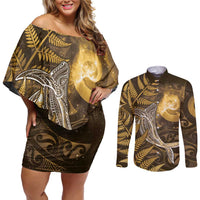New Zealand Matariki Couples Matching Off Shoulder Short Dress and Long Sleeve Button Shirt Maori Koru With Humpback Whale Gold