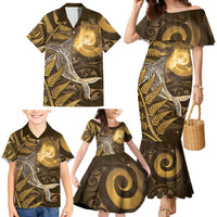 New Zealand Matariki Family Matching Mermaid Dress and Hawaiian Shirt Maori Koru With Humpback Whale Gold LT05 - Polynesian Pride