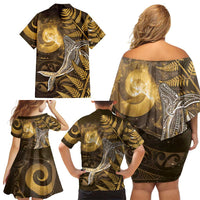 New Zealand Matariki Family Matching Off Shoulder Short Dress and Hawaiian Shirt Maori Koru With Humpback Whale Gold LT05 - Polynesian Pride
