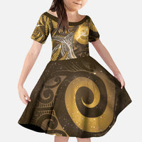 New Zealand Matariki Kid Short Sleeve Dress Maori Koru With Humpback Whale Gold