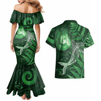 New Zealand Matariki Couples Matching Mermaid Dress and Hawaiian Shirt Maori Koru With Humpback Whale Green LT05 - Polynesian Pride