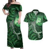 New Zealand Matariki Couples Matching Off Shoulder Maxi Dress and Hawaiian Shirt Maori Koru With Humpback Whale Green LT05 Green - Polynesian Pride
