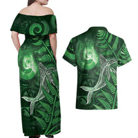 New Zealand Matariki Couples Matching Off Shoulder Maxi Dress and Hawaiian Shirt Maori Koru With Humpback Whale Green LT05 - Polynesian Pride