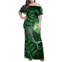 New Zealand Matariki Family Matching Off Shoulder Maxi Dress and Hawaiian Shirt Maori Koru With Humpback Whale Green LT05 Mom's Dress Green - Polynesian Pride