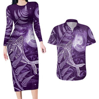 New Zealand Matariki Couples Matching Long Sleeve Bodycon Dress and Hawaiian Shirt Maori Koru With Humpback Whale Purple LT05 Purple - Polynesian Pride