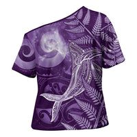 New Zealand Matariki Cross Shoulder Shirt Maori Koru With Humpback Whale Purple