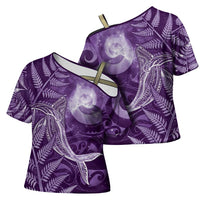 New Zealand Matariki Cross Shoulder Shirt Maori Koru With Humpback Whale Purple