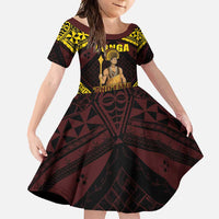 Tonga First King Family Matching Long Sleeve Bodycon Dress and Hawaiian Shirt Ahoeitu Know Your Roots LT05 Daughter's Dress Maroon - Polynesian Pride