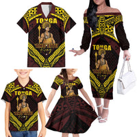 Tonga First King Family Matching Off The Shoulder Long Sleeve Dress and Hawaiian Shirt Ahoeitu Know Your Roots LT05 - Polynesian Pride