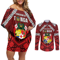 Tonga Emancipation Day Couples Matching Off Shoulder Short Dress and Long Sleeve Button Shirt Tongan Kupesi Pattern