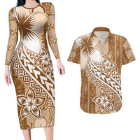 Tonga Kupesi Ngatu Couples Matching Long Sleeve Bodycon Dress and Hawaiian Shirt Vintage Brown Plumeria LT05 Brown - Polynesian Pride