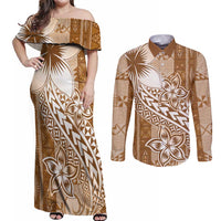 Tonga Kupesi Ngatu Couples Matching Off Shoulder Maxi Dress and Long Sleeve Button Shirt Vintage Brown Plumeria