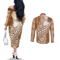 Tonga Kupesi Ngatu Couples Matching Off The Shoulder Long Sleeve Dress and Long Sleeve Button Shirt Vintage Brown Plumeria LT05 - Polynesian Pride