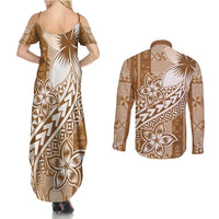 Tonga Kupesi Ngatu Couples Matching Summer Maxi Dress and Long Sleeve Button Shirt Vintage Brown Plumeria LT05 - Polynesian Pride