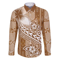 Tonga Kupesi Ngatu Family Matching Long Sleeve Bodycon Dress and Hawaiian Shirt Vintage Brown Plumeria LT05 Dad's Shirt - Long Sleeve Brown - Polynesian Pride