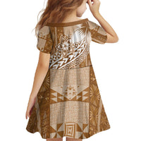 Tonga Kupesi Ngatu Family Matching Off The Shoulder Long Sleeve Dress and Hawaiian Shirt Vintage Brown Plumeria