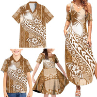 Tonga Kupesi Ngatu Family Matching Summer Maxi Dress and Hawaiian Shirt Vintage Brown Plumeria