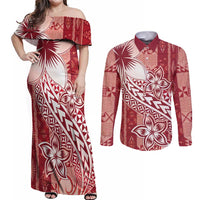 Tonga Kupesi Ngatu Couples Matching Off Shoulder Maxi Dress and Long Sleeve Button Shirt Vintage Red Plumeria