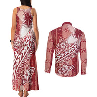 Tonga Kupesi Ngatu Couples Matching Tank Maxi Dress and Long Sleeve Button Shirt Vintage Red Plumeria