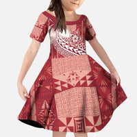 Tonga Kupesi Ngatu Family Matching Mermaid Dress and Hawaiian Shirt Vintage Red Plumeria LT05 Daughter's Dress Red - Polynesian Pride