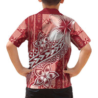 Tonga Kupesi Ngatu Family Matching Off Shoulder Short Dress and Hawaiian Shirt Vintage Red Plumeria