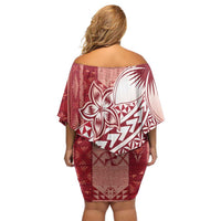 Tonga Kupesi Ngatu Family Matching Off Shoulder Short Dress and Hawaiian Shirt Vintage Red Plumeria