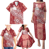 Tonga Kupesi Ngatu Family Matching Puletasi and Hawaiian Shirt Vintage Red Plumeria LT05 - Polynesian Pride