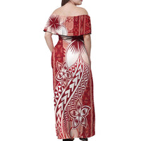 Tonga Kupesi Ngatu Off Shoulder Maxi Dress Vintage Red Plumeria