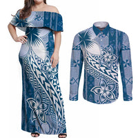Tonga Kupesi Ngatu Couples Matching Off Shoulder Maxi Dress and Long Sleeve Button Shirt Vintage Blue Plumeria